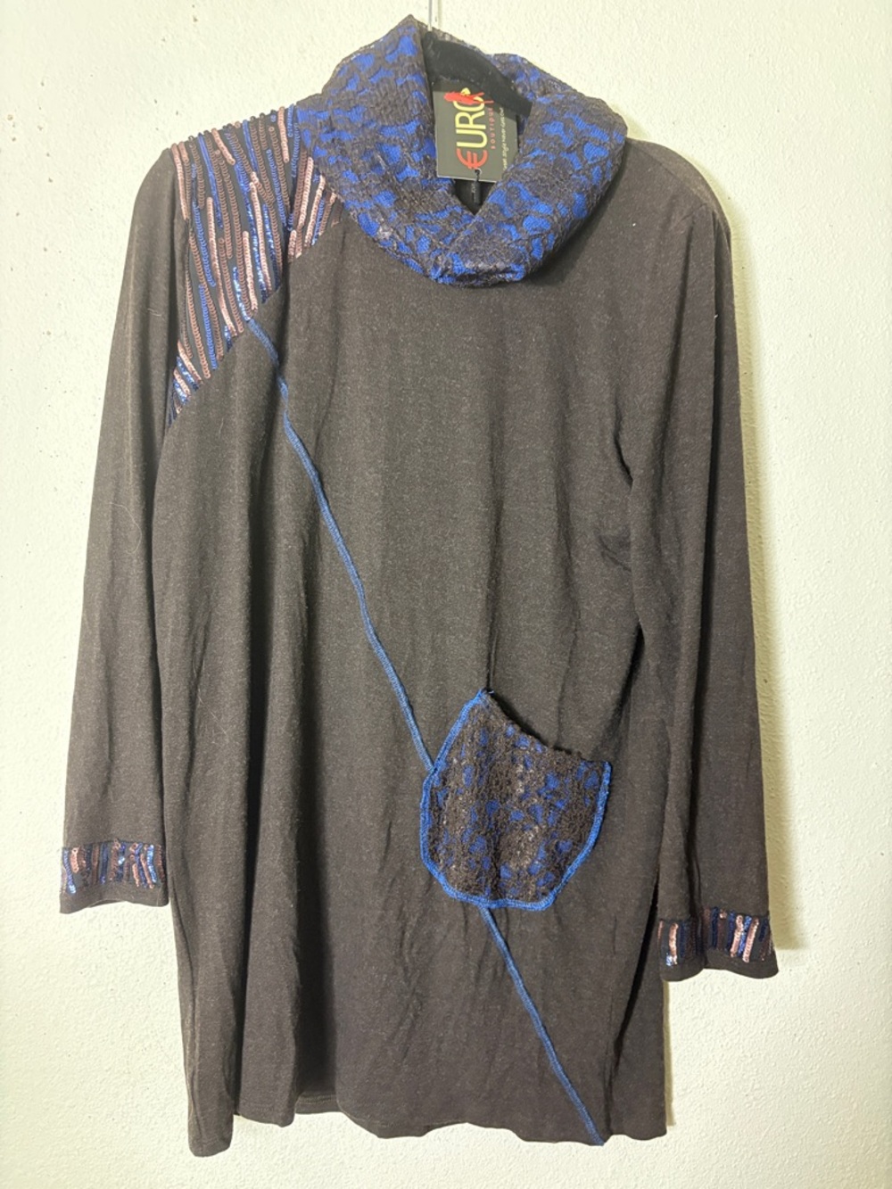 Vintage Mixage Funky Print Eurorock Black Tunic with Blue Lace Trim NWT 14